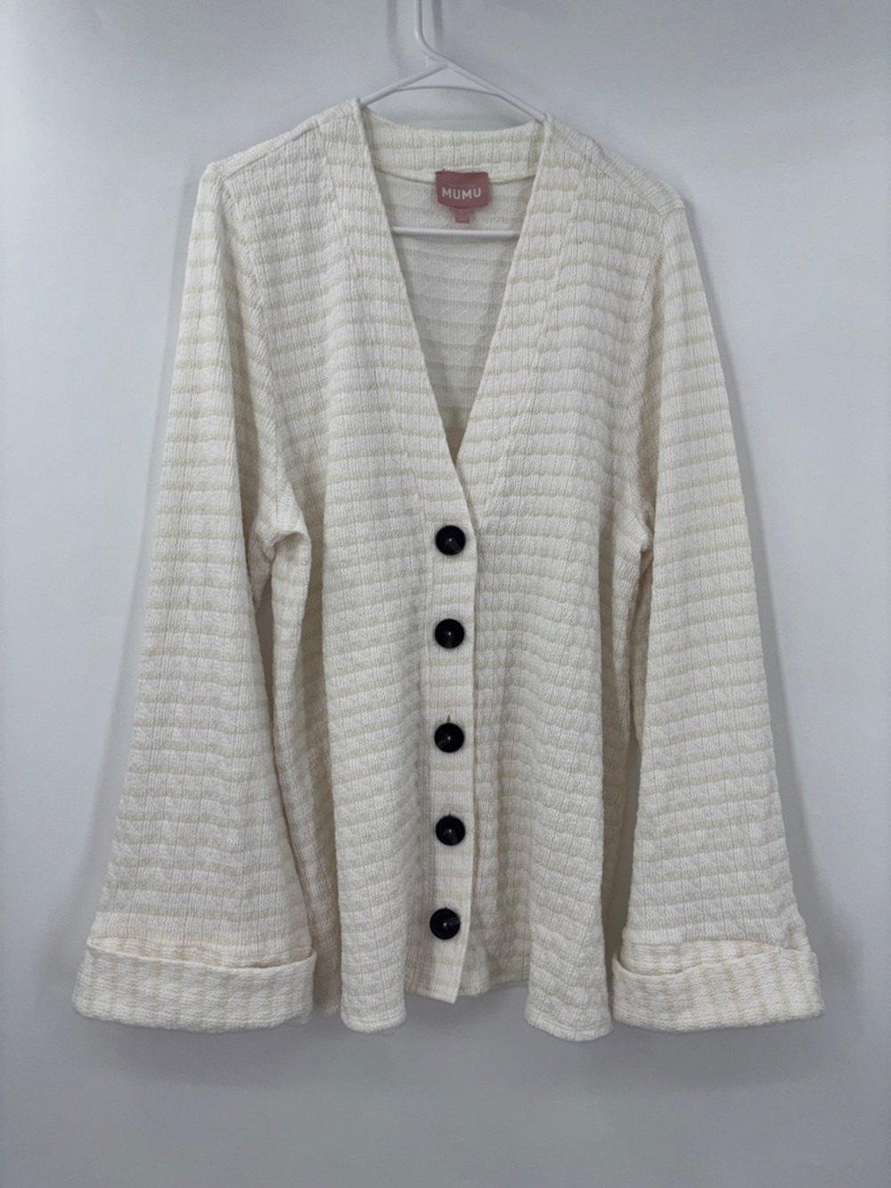 Show Me Your MuMu Cream Waffle-Knit Cardigan with Dusty Rose Label